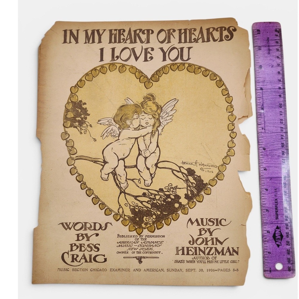In My Heart of Hearts I Love You 1906 Antique Sheet Music Angel Cherub Wall Deco
